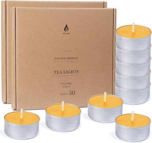 100-Pack Pure Beeswax Tealight Candles in Aluminum Cups - 4-5 Hour Burn Time, Lead-Free Cotton Wick, Natural Unscented Candles