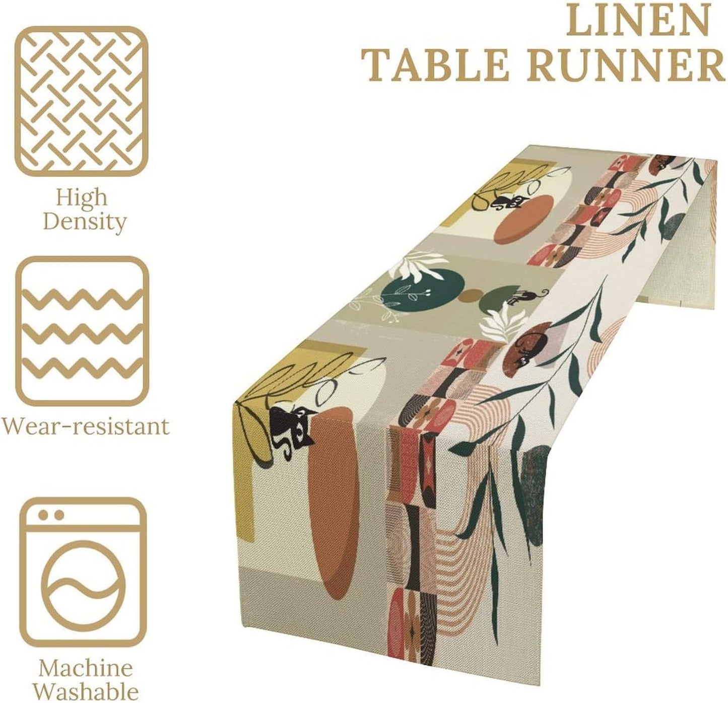 Mid Century Table Runner,Abstract Boho Plant Leaf Botanical Cat Modern Geometric Pattern Print Burlap for Hotel Indoors Outdoor Dining Room Kitchen Home Decor, 13x108in