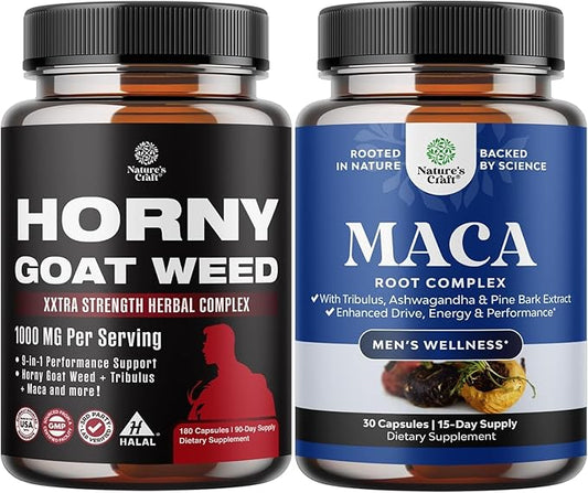 Bundle of Horny Goat Weed for Male Enhancement for Stamina & Energy and Black Maca Root Capsules for Men - Herbal Enhancement Supplement for Men