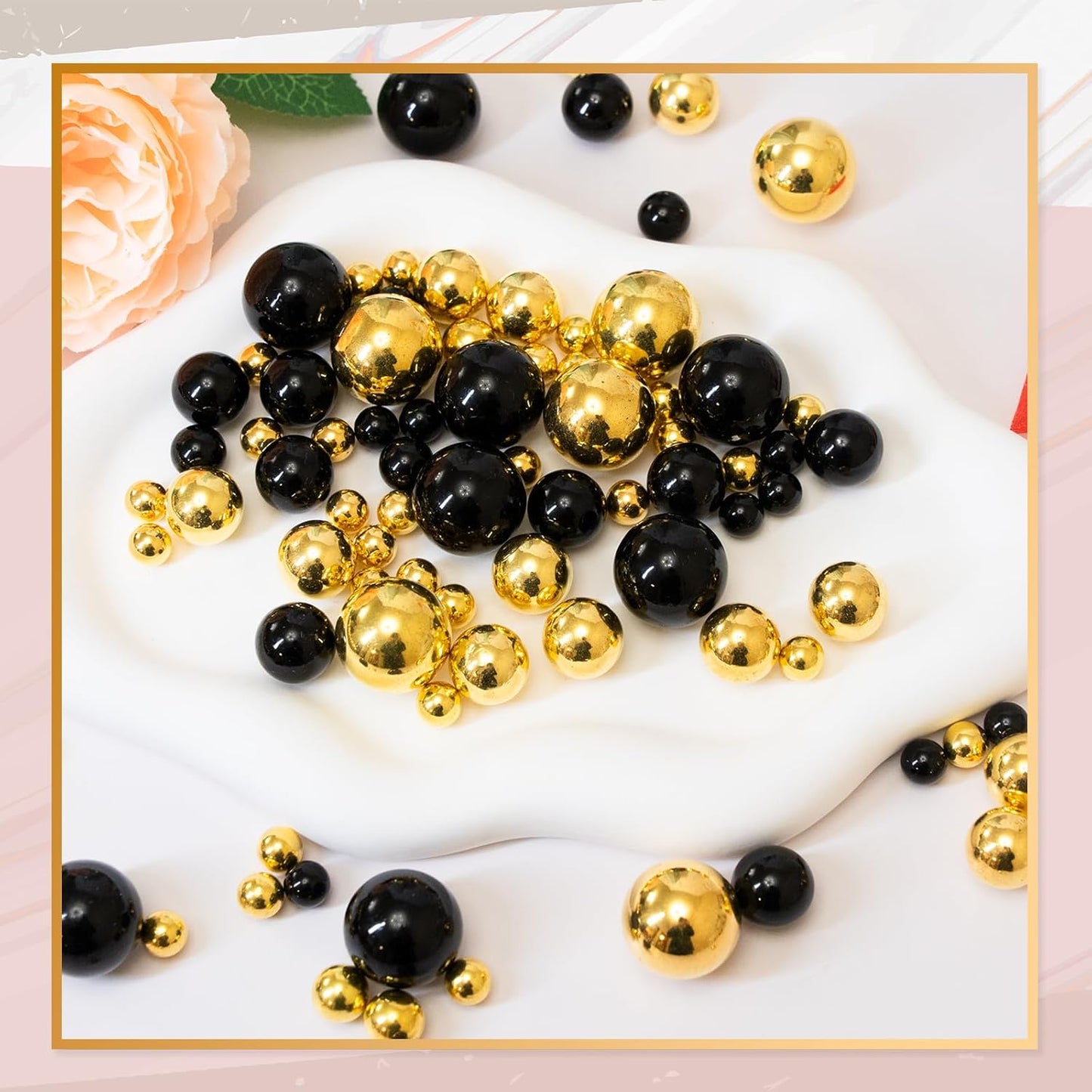 300Pcs Vase Filler Black Brightgold No Hole Faux Pearl Beads for Vase Filling Decorations, Candle Centerpieces, Wedding Centerpieces, Home Party Decor (8/14/20mm)