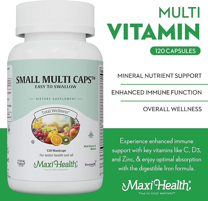 Maxi Health Multivitamin – Easy to Swallow Multi Vitamin Capsules with 30 Nutrients, Iron & Probiotics – Kosher Daily Multivitamins Small Capsules for Wellness Support & Digestive Ease (120 Units)
