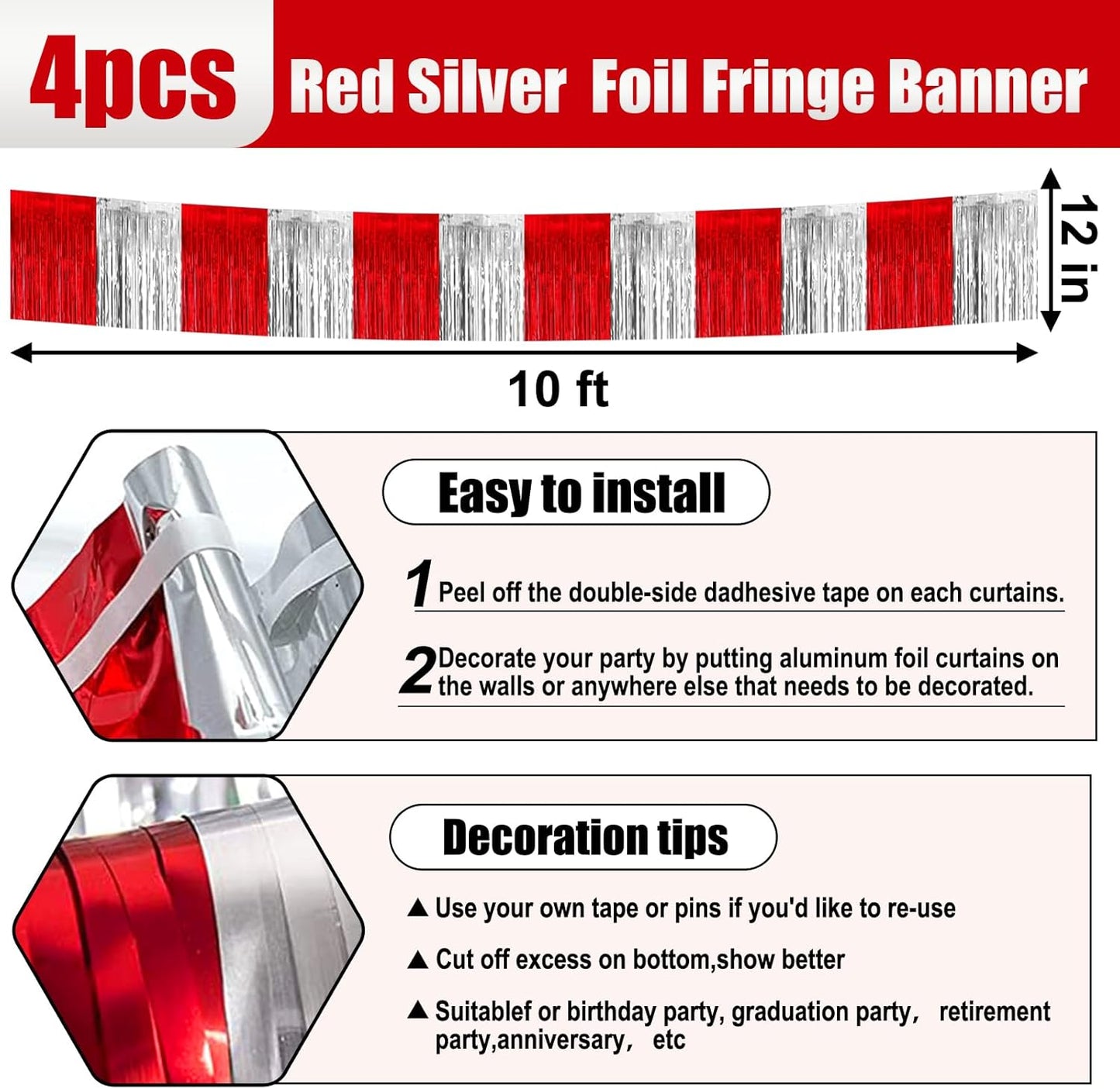 4 Pack 10 Feet Red Silver Foil Fringe Garland Metallic Tinsel Streamers Banner Wall Hanging Curtain Backdrop for Parade Floats, Wedding, Graduate, Mother's Day, Birthday Party Decoration
