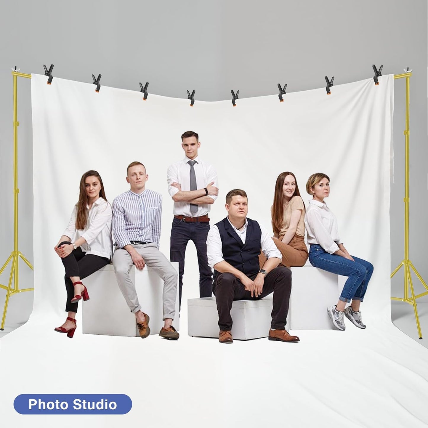 EMART Backdrop Stand, 20x7ft(WxH) Large Adjustable Background Support System with 308° Angle Rotatable Connector, 8 Clamps, 3 Sandbags and Carry Bag for Paties, Wedding, Photography -Titanium Gold