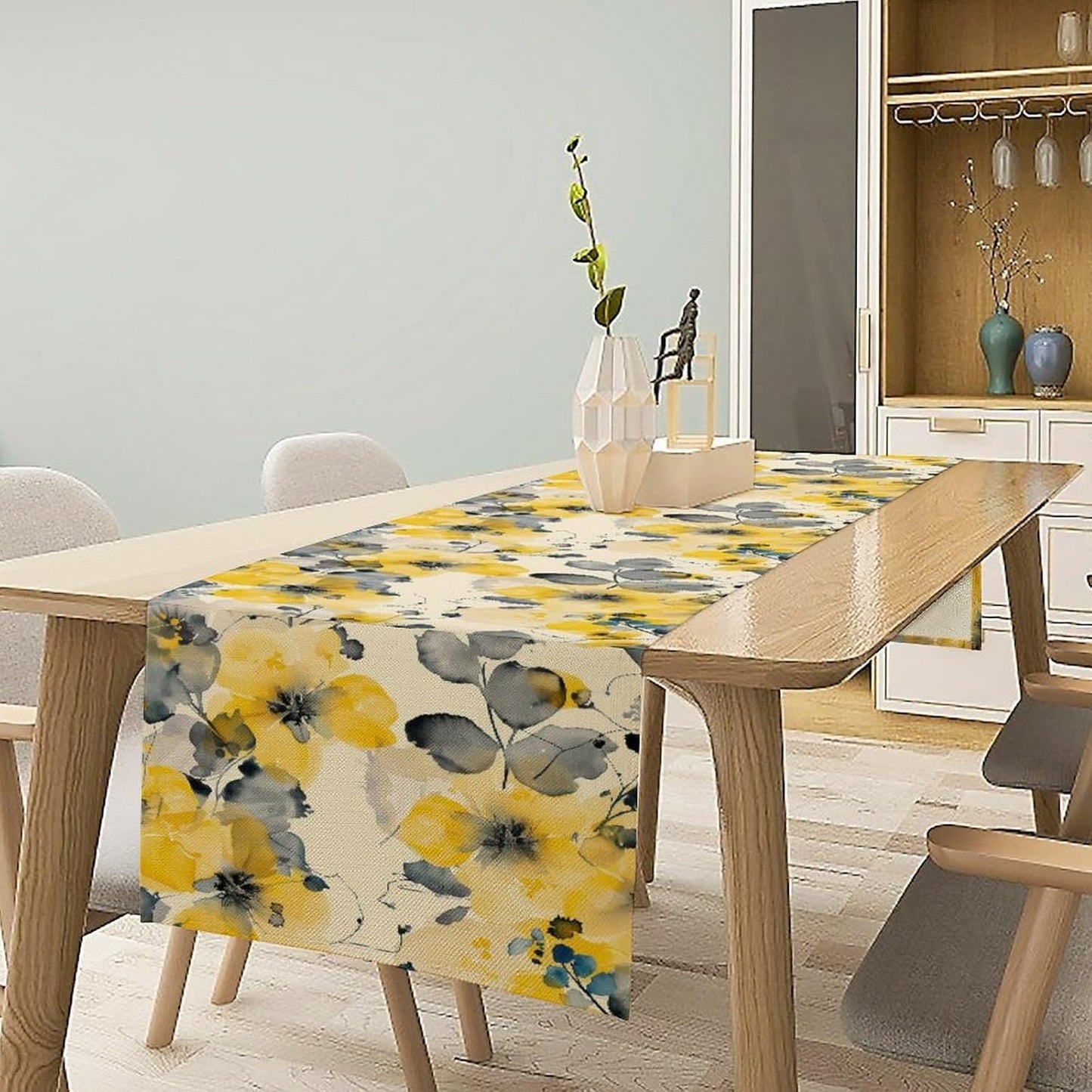 Floral Table Runner,Yellow Flowers Spring Print Table Cloth Kitchen Dining Table Home Party Decoration 13x60 Inch