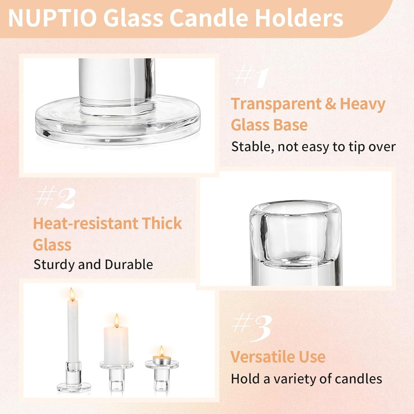 NUPTIO Candle Stick Candle Holder: Set of 20 Short Taper Candlestick Holders Bulk Small Modern Glass Tapered Candleholders for Wedding Christmas Holiday Centerpiece