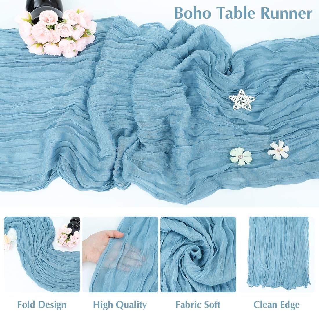 Baby Blue Cheesecloth Table Runner -21*120Inch Long Boho Wedding Table Decor, Rustic Gauze Fabric Runner for Bridal Showers, Baby Showers & Parties (Sheer, Lightweight, Wrinkled Design)