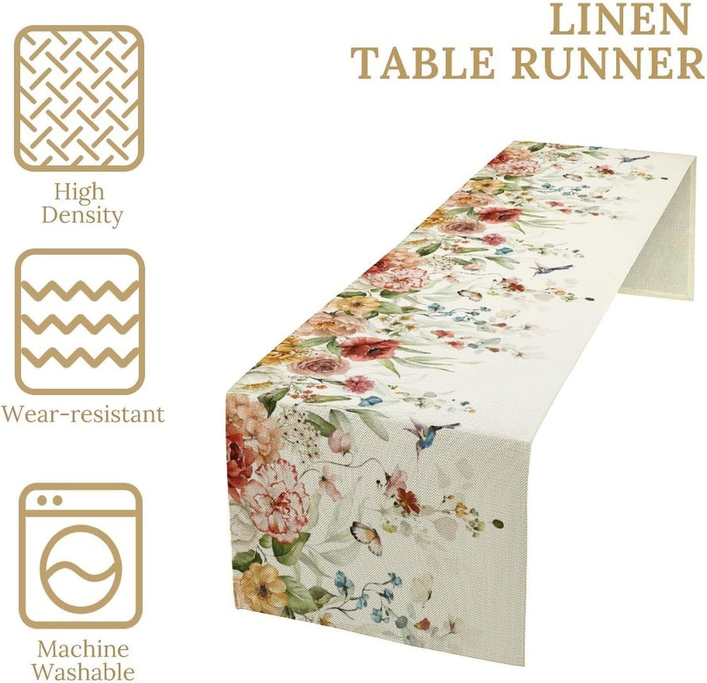 Rustic Floral Table Runner, Watercolor Flower Leaves Hummingbird Butterfly Farmhouse Kitchen Dinning Table Runner for Indoor Outdoor Home Wedding Party Holiday, 13x90 Inch
