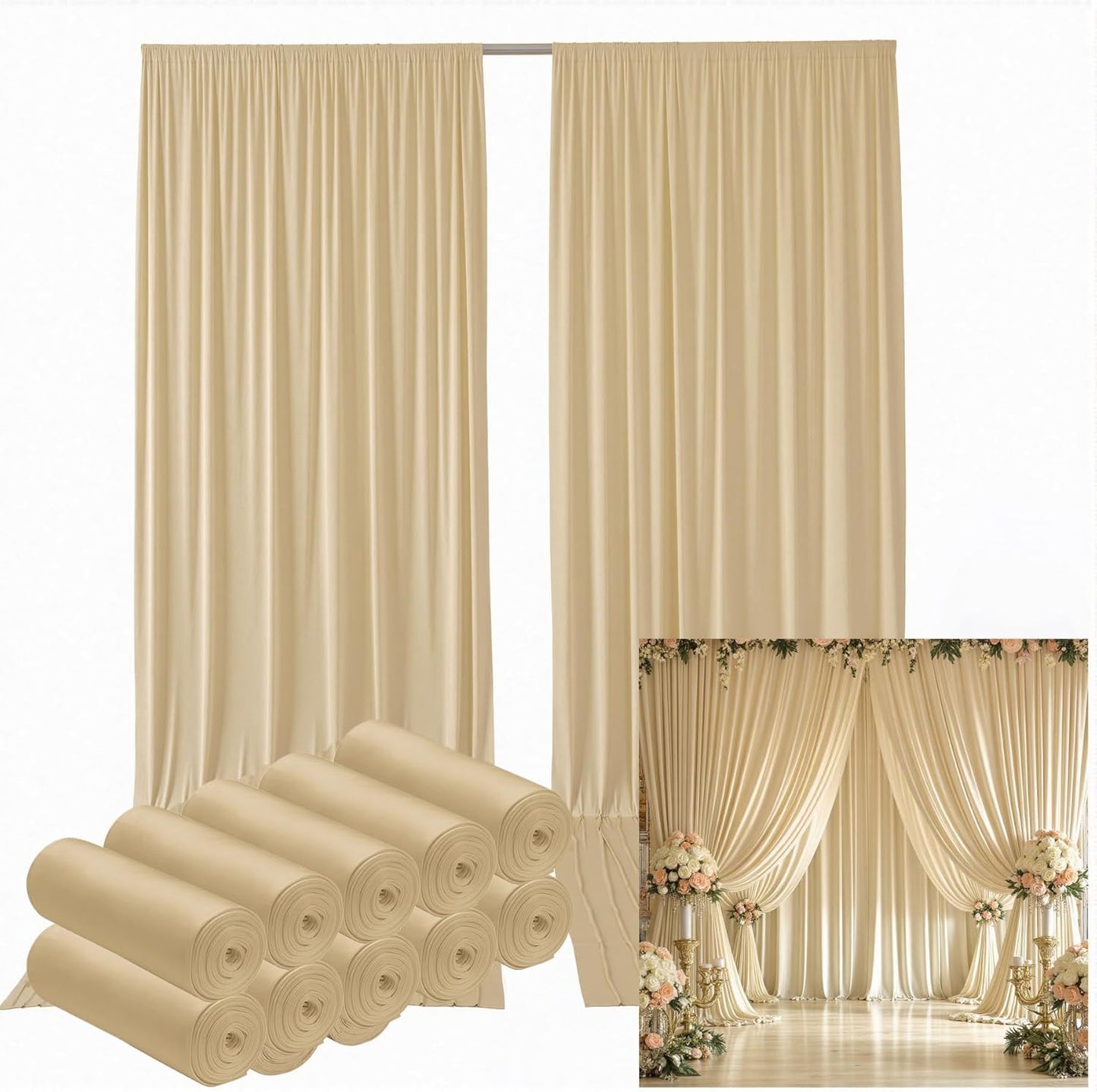 50ftx12ft Wrinkle Free Beige Backdrop Curtain, 10 Panels 12FT Height Beige Wedding Backdrop Drapes, Silky Polyester Back Drop Cloth for Birthday Photography Background Party Backdrop Draping