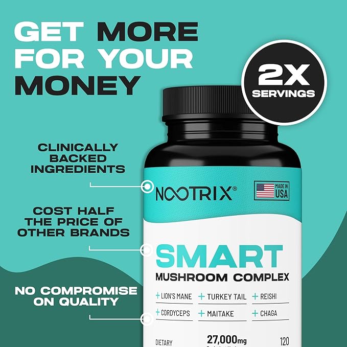 Smart Mushrooms Complex Supplement | Supports Memory, Mental Focus, Cognitive Health & Energy | 27,000mg Organic Mushrooms | Lions Mane, Reishi, Cordyceps, Chaga & Turkey Tail | 120 Capsules