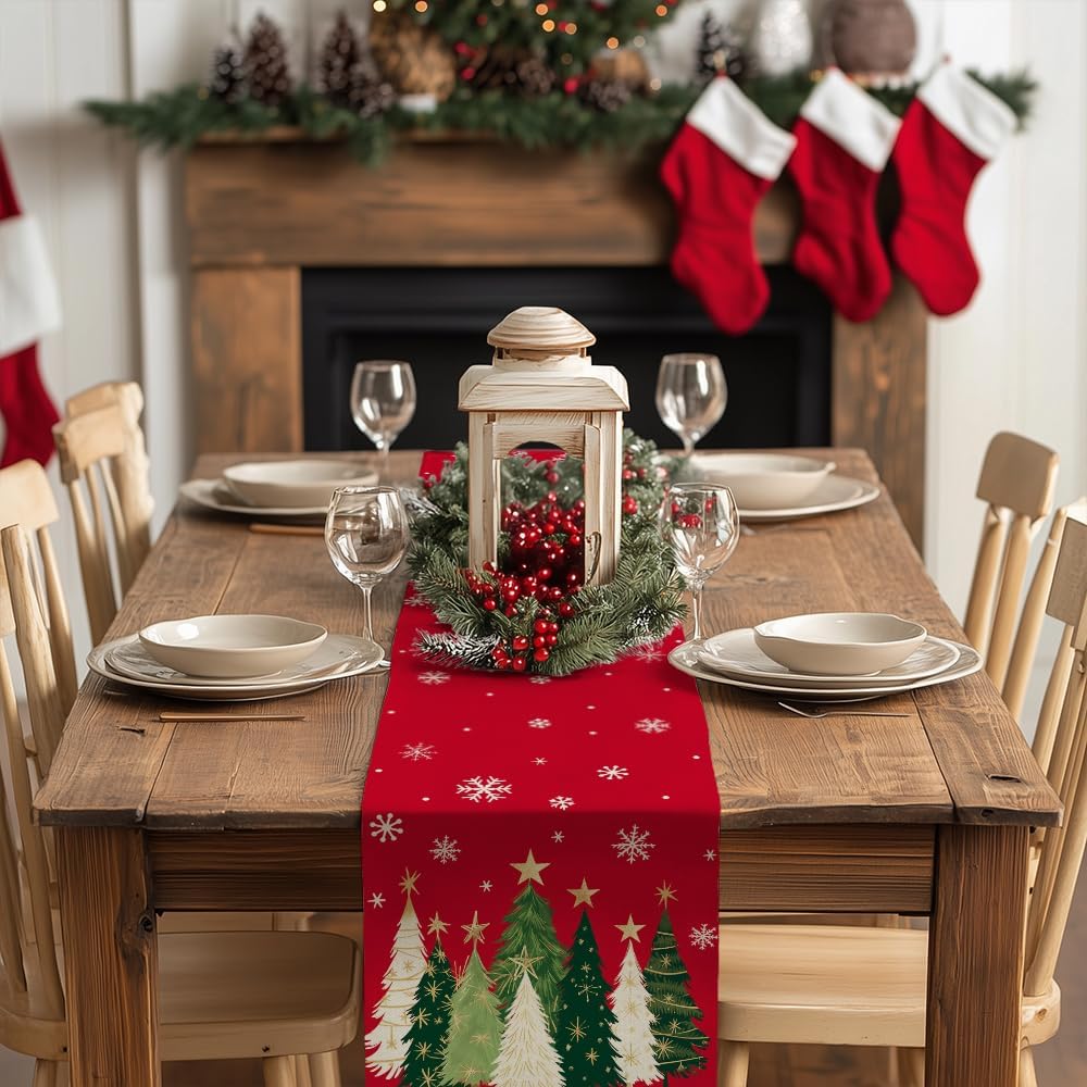 GEEORY Christmas Table Runner 13x60 Inch, Xmas Trees Snowflakes Holiday Decorative Farmhouse Table Decoration for Kitchen Dinning, Indoor Outdoor Dinner Party Decor (Red) GT150-60