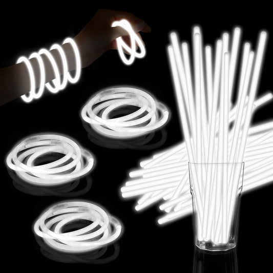 60 Pack 8” White Glow Sticks Bulk with 60 Connectors Neon Glow In The Dark Party favors Supplies for Holiday Birthday Party Decoration (White)