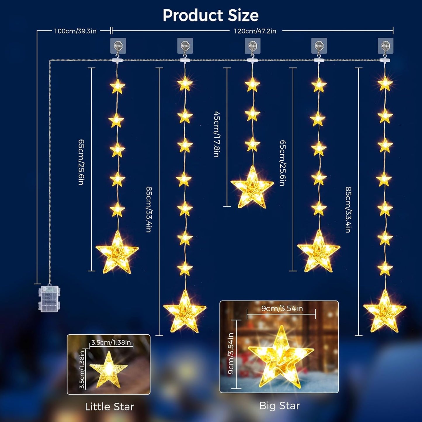 32 Stars Christmas Window Lights, IP65 Waterproof 52 LEDs Twinkle Star Fairy String Lights with 8 Modes Timer, Warm White & Multicolor, Battery Operated Hanging Xmas Star Decoration for Indoor Outdoor