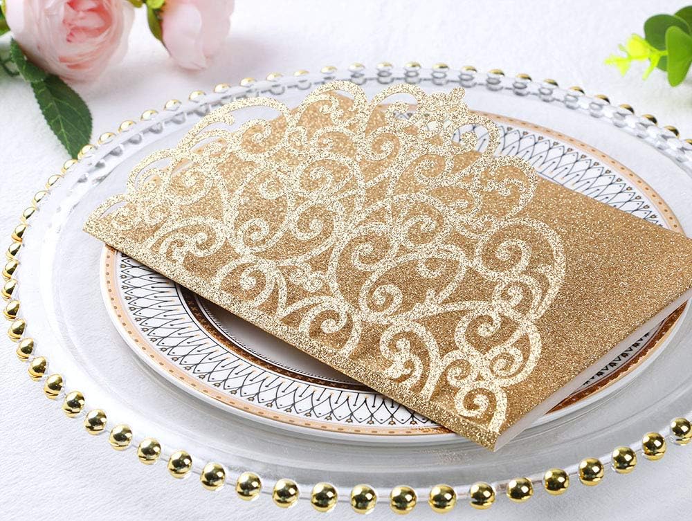 ponatia 5.12 x 7.2 Laser Cut Invitation Pocket, 20PCS Tri-Fold 5 x 7 Laser Cut Wedding Invitation Pockets with Envelopes for Wedding Bbay Shower Birthday Invite (Gold Glitter, No Inner Sheet)