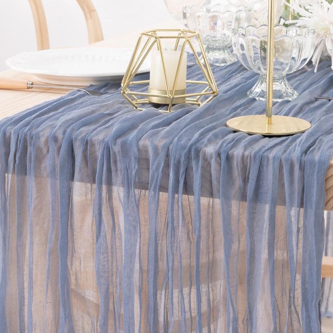 MLMW Dusty Blue Table Runner Cheesecloth Gender Reveal Boho Gauze Rustic Cheese Cloth Table Runner 160 inch Sheer 13.3ft for Wedding Party Baby Bridal Shower Birthday