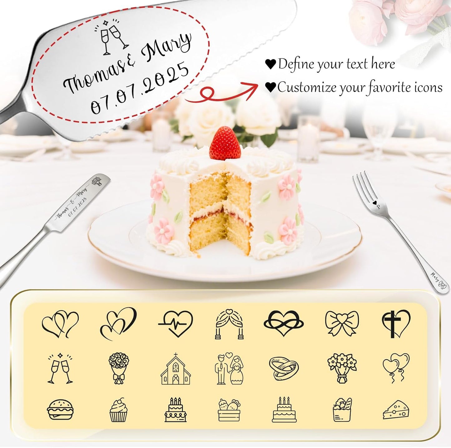 Custom Wedding Cake Knife and Server Set Personalized Cake Cutter with Engraved Text Bridal Cake Cutting Set with Gift Box for Weddings Anniversary Birthday (Silver - with fork)