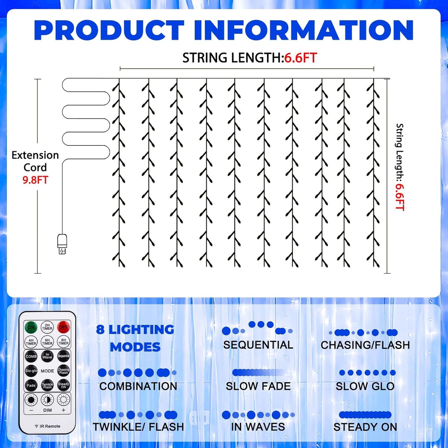 Curtain Light for Bedroom, 200LED 6.6x6.6ft Blue Window Wall Hanging Fairy Curtain String Light, 8 Modes Remote Fairy String Lights Indoor for Wedding Party Home Garden Decorations