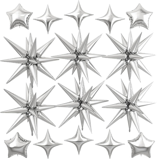 Silver Star Balloon,16Pcs Star Foil Balloons Set with 22Inch Explosion Spike Cone Balloons and 10Inch Quadrangle Helium Balloon for Birthday Wedding Baby Shower Party Decorations