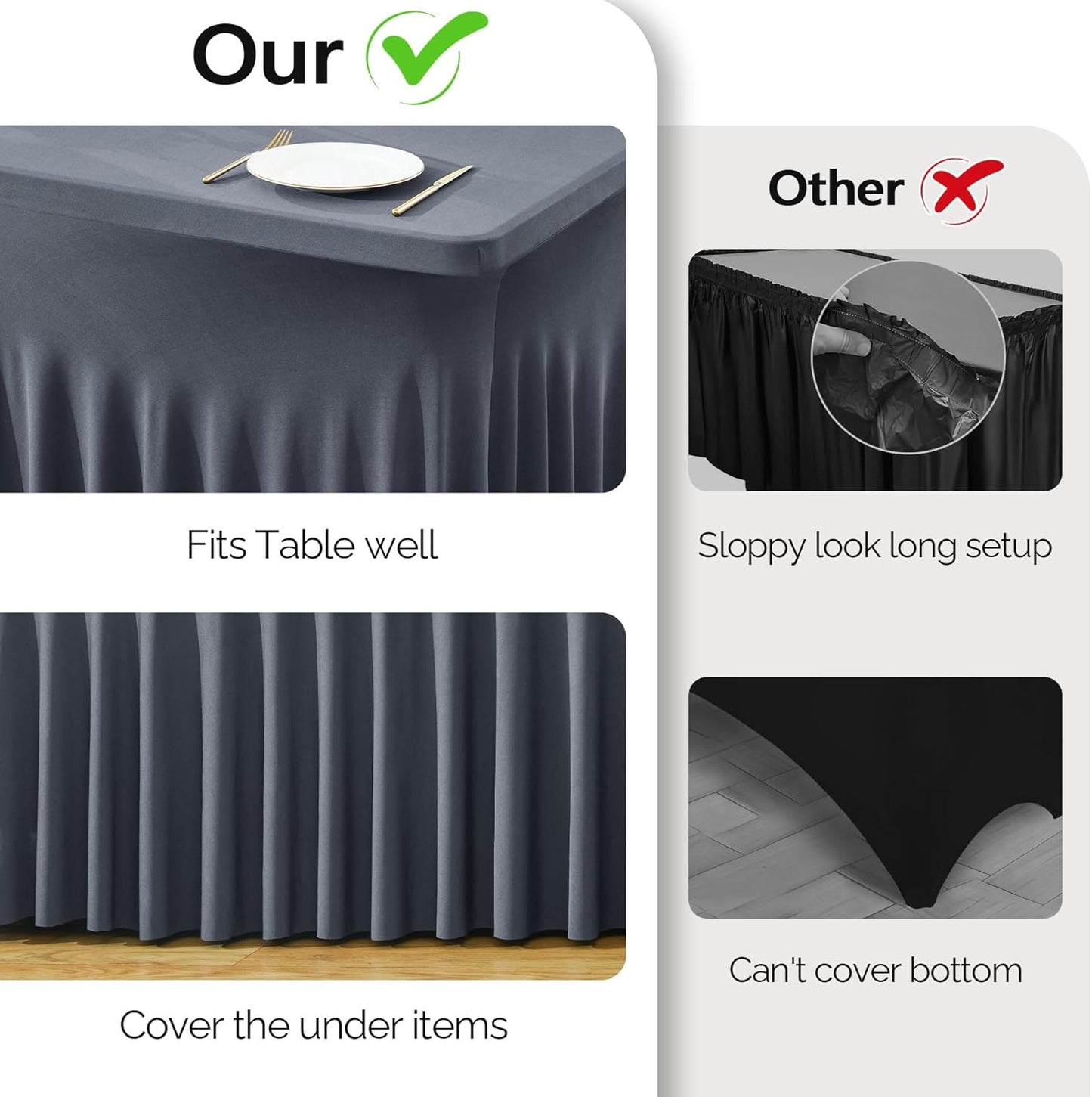 Wish Care 2 Pack Gray Spandex Table Clothes for 8 Foot Rectangle Tables, 8FT Wrinkle Free Fitted Tablecloths Ruffles Design Table Cover for Party, Banquet, Wedding and Events