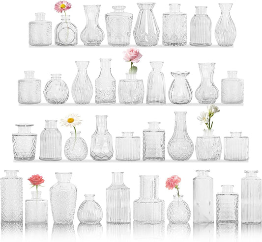 Set of 36 Glass Bud Vase Set, Small Vintage Clear Flower Vase Centerpieces for Table Bulk Cute Rustic Style Mini Vase for Home Decor Wedding Baby Shower Birthday Party