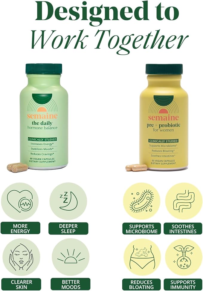 Semaine Hormonal Gut Balance Bundle - Support Cellular Energy, Clear Skin & Mood. Ease Bloating & Indigestion, Support Vaginal Health | 1 Month Supply