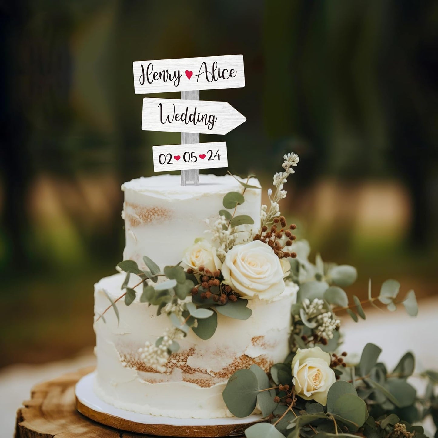 Personalized Rustic Wedding Cake Topper in Wood Custom Bride & Groom Names Initials Wedding Date Cake Decoration (Birch White)