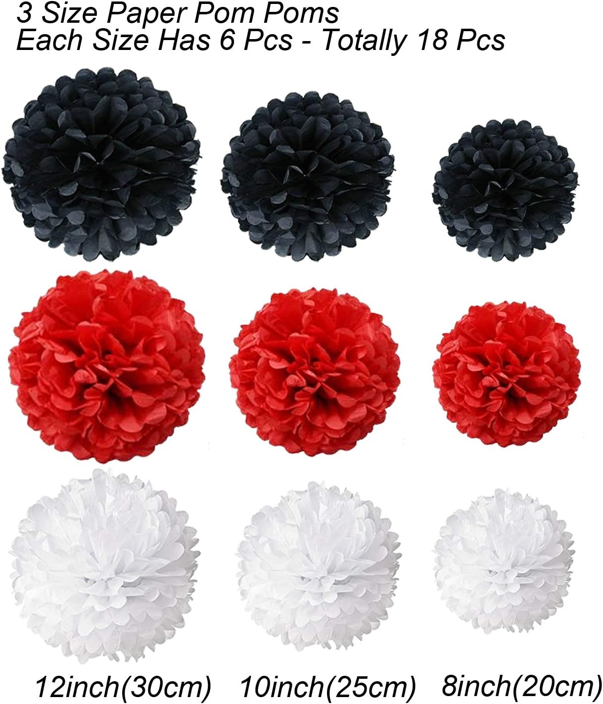 Hanging Paper Fan Set, Tissue Paper Pom Poms Flower Fan and Honeycomb Balls for Birthday Baby Shower Wedding Festival Decorations - Red Black and White