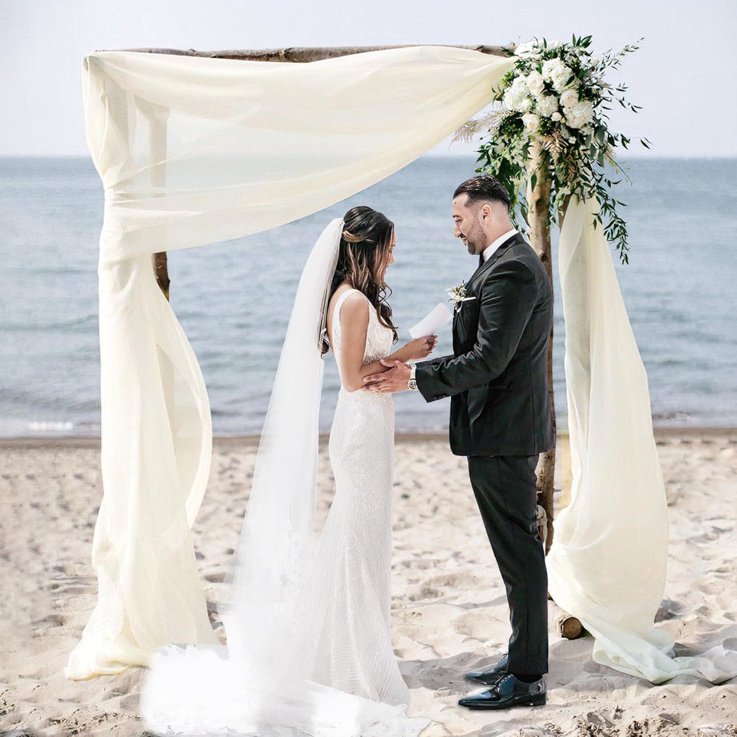 Wedding Arch Draping Fabric, 2 Panels 28" x 19Ft Ivory Wedding Arch Drapes Sheer Backdrop Curtain for Wedding Ceremony Party Ceiling Decor