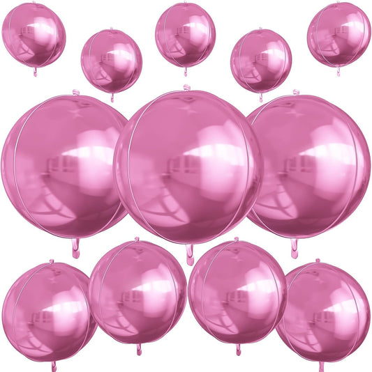 12Pcs Pink Round Foil Balloons, 22" 15" 10" 4D Helium Ball Balloon, Metallic Pink Foil Balloon for Birthday Graduation Wedding Anniversary New Year Eve Disco Prom Party Decorations