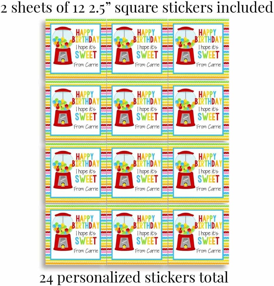 Custom & Personalized Sweet Gumball Happy Birthday Gift Tag Sticker Labels, 24 2.5" Square Stickers by Amanda Creation