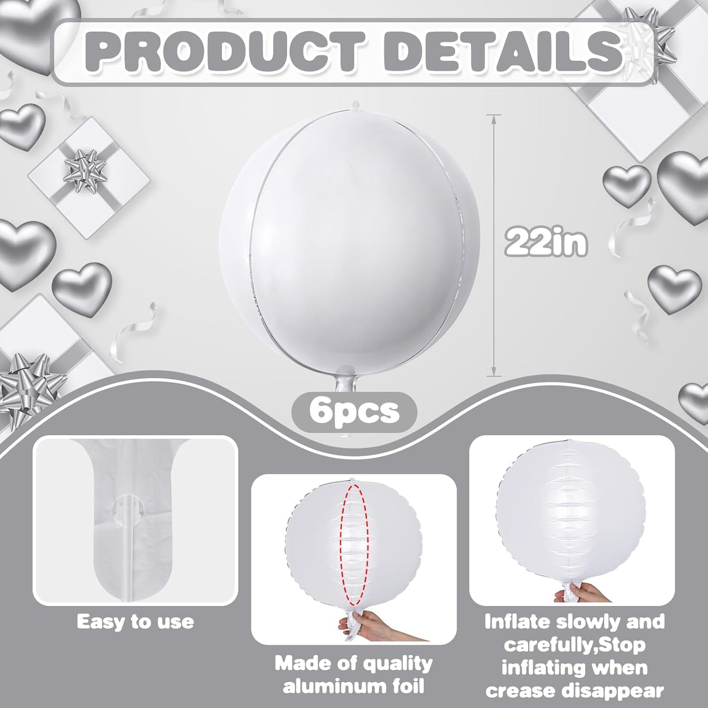 6Pcs White Round Foil Balloons,Giant 4D Round Ball Balloons,22 Inch Metallic White Balloon for Birthday Wedding Graduation Prom Party Decorations