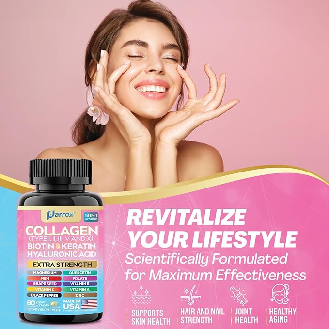 Collagen Peptides Types I, II, III, V & X, MCG Biotin, Keratin, Hyaluronic Acid, MSM, Zinc, Grape Seed Extract, Quercetin, Vitamin A, C & E, Folate, Black Pepper, Magnesium, Folic Acid (3 Pack)