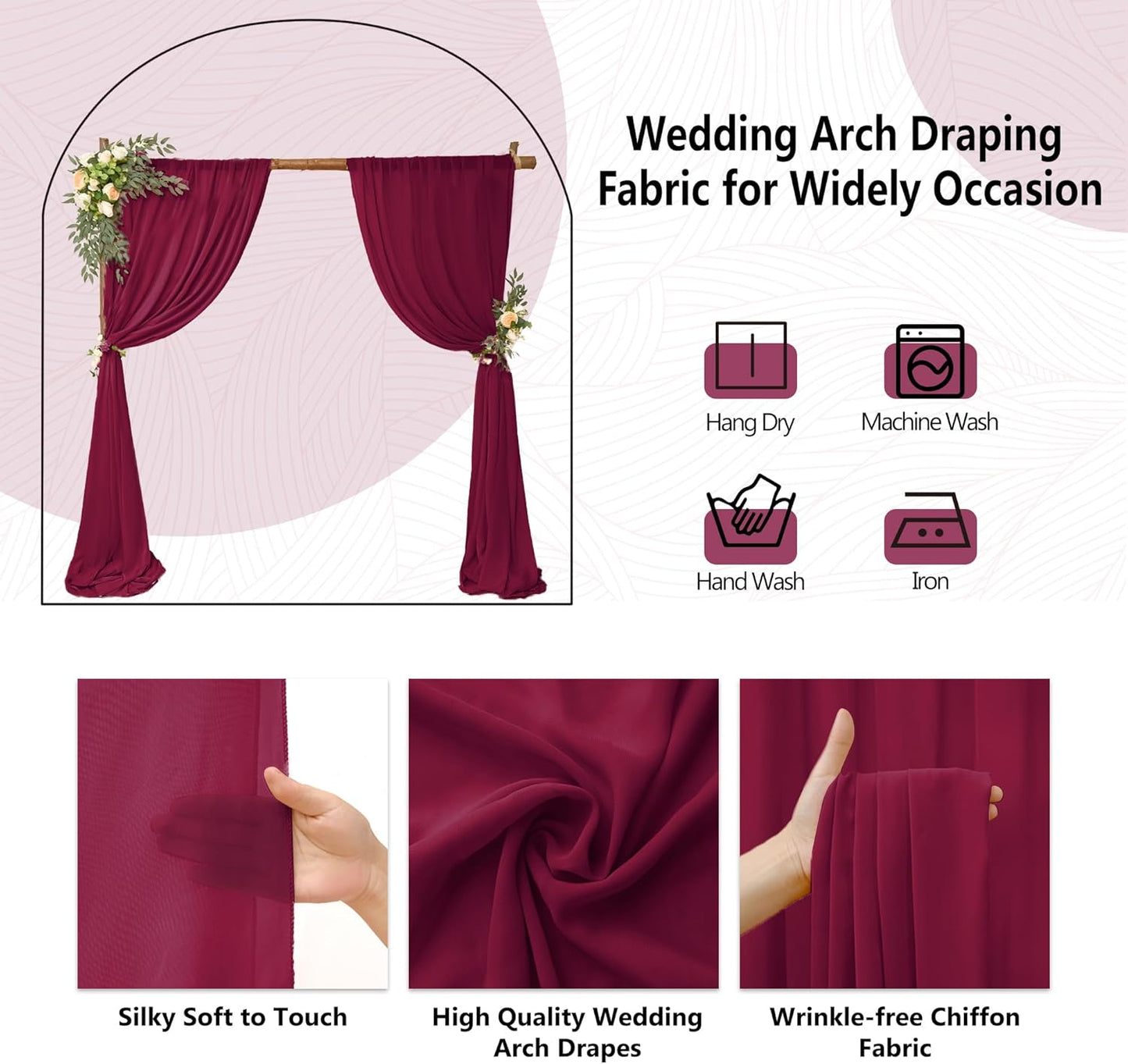 4 Panels Wedding Arch Draping Fabric 28" x 20Ft Chiffon Wedding Arch Drapes Chiffon Fabric Drape Sheer Backdrop Curtain for Nuptials Party Ceremony Birthday Reception Backdrop Ceiling Décor(Burgundy)
