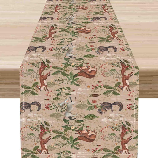 Rustic Forest Table Runner, Farmhouse Wild Woodland Animals Country Deer Fox Rabbits Watercolor Table Center Decor for Home Kitchen Dining Patio Holiday Party Outdoor Table Decorations, 13"x72" Inch
