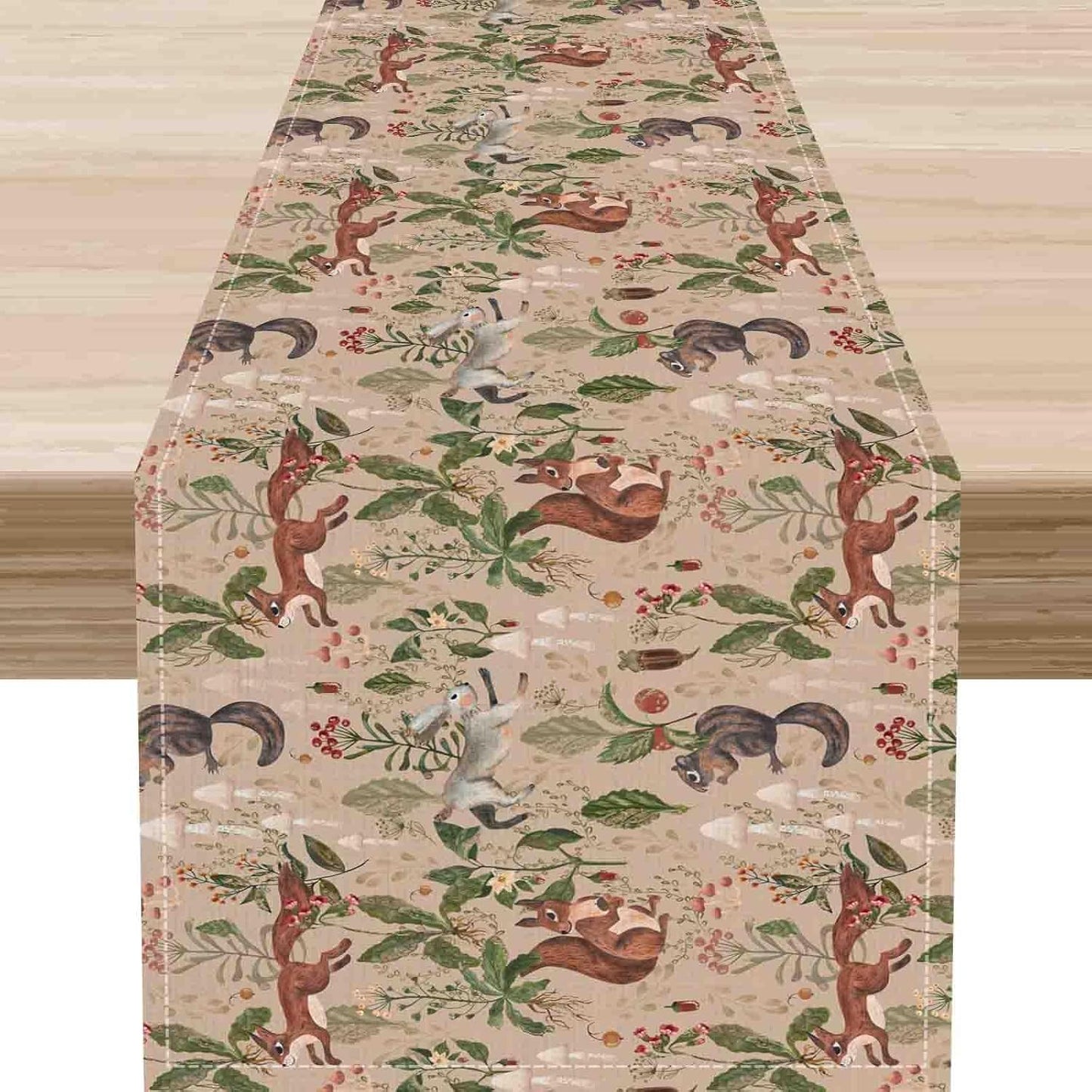 Rustic Woodland Table Runner, Farmhouse Forest Animals Country Lodge Wild Animals Fox Rabbits Table Center Decor for Home Kitchen Dining Patio Holiday Party Indoor Table Decorations, 13"x36" Inch