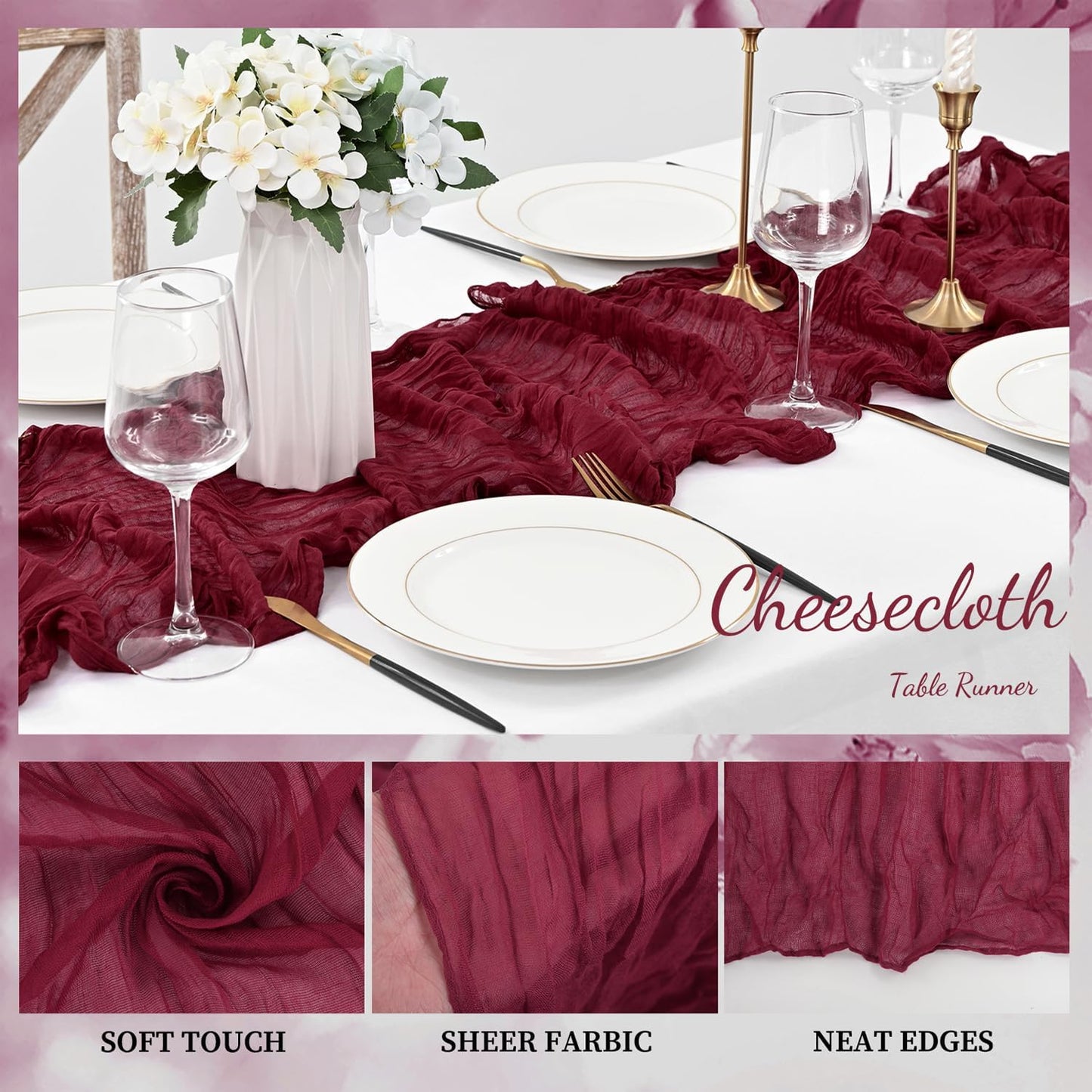 Burgundy 6 Pack Cheesecloth Table Runner 10FT Rustic Gauze Cheese Cloth Table Runner for Wedding Bridal Baby Shower Table Decor 20 x 120 Inch Long Boho Fabric Sheer Birthday Party Table Decorations