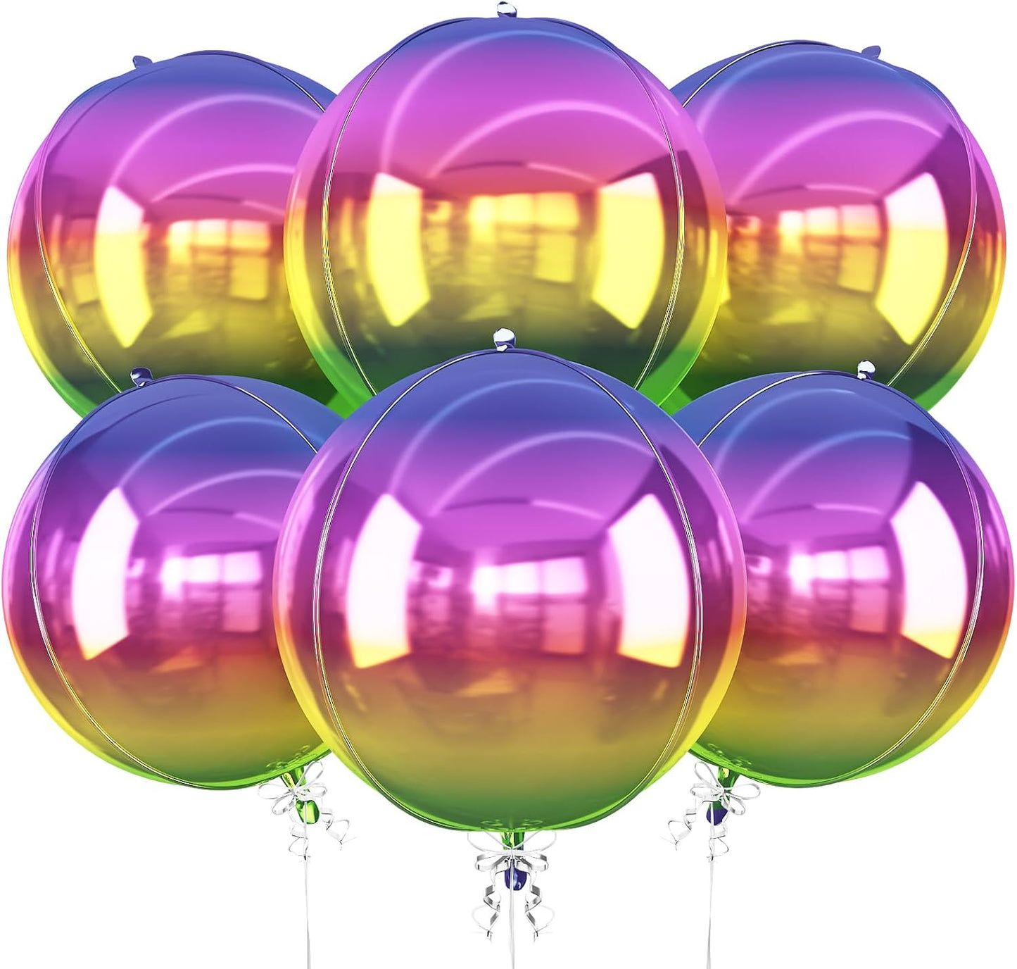 6Pcs Gradient Rainbow Round Foil Balloons, 22" Large Helium Colorful Ball Balloon, Metallic Multicolor Iridescent Mylar Balloon for Birthday Graduation Wedding Anniversary Disco Prom Party Decorations