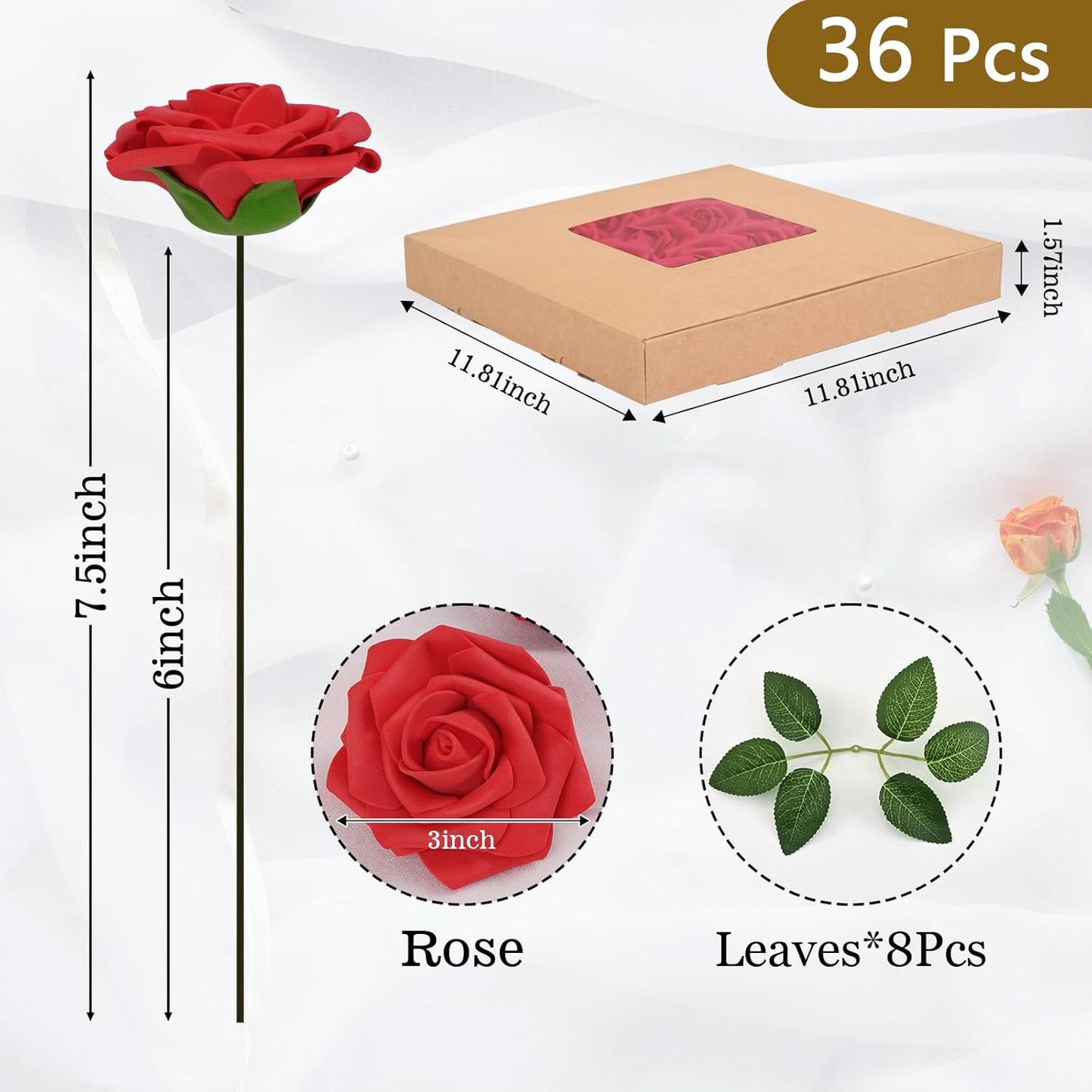 BLEUM CADE 36Pcs Artificial Flowers Fake Roses with Stems, Red Boxed Foam Roses for DIY Bouquets Centerpieces Wedding Party Arrangement Bridal Shower Decor