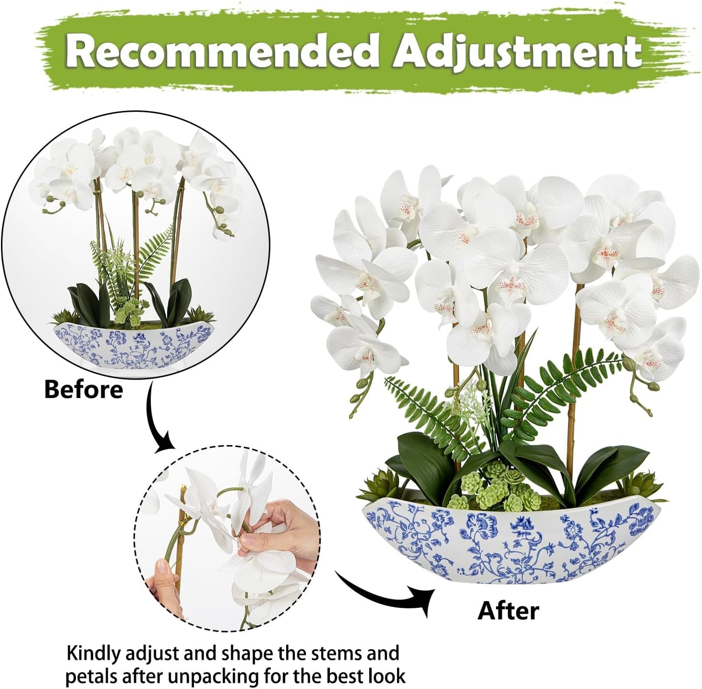 Briful Orchid Artificial Flowers 18in White Fake Orchid Silk Flowers with Blue and White Ceramic Vase Faux Orchid Arrangement for Home Office Room Coffee Table Centerpiece Modern Decor