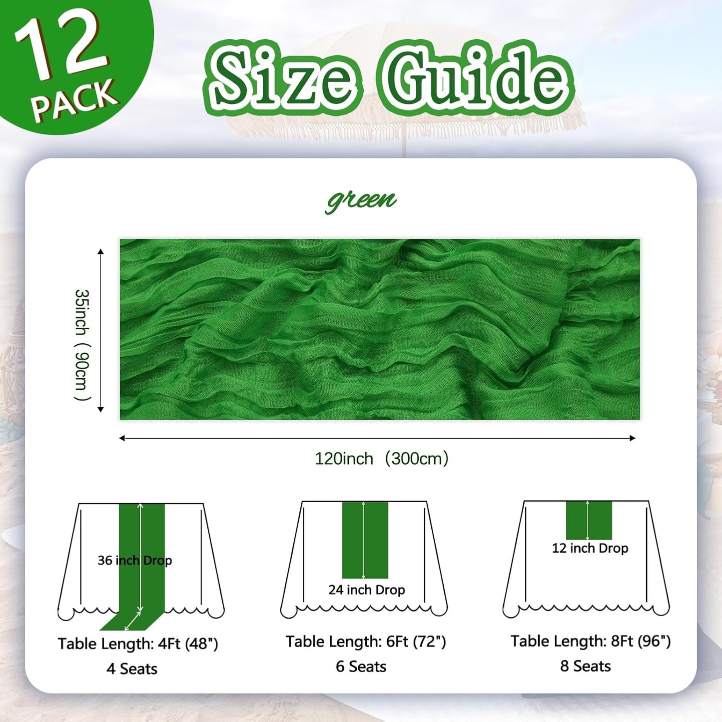 12 Pack Green Cheesecloth Table Runner 10ft Boho Gauze Fabric Cheese Cloth Table Runner 35 x 120 Inch Rustic Sheer Runner for Romantic Wedding Decor Baby Shower Party Table Centerpiece Decoration