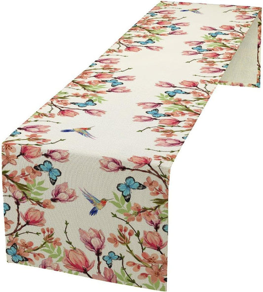 Flowers Table Runner,Floral Bird Butterfly Spring Table Cloth Kitchen Dining Table Home Party Decoration 13x72 Inch