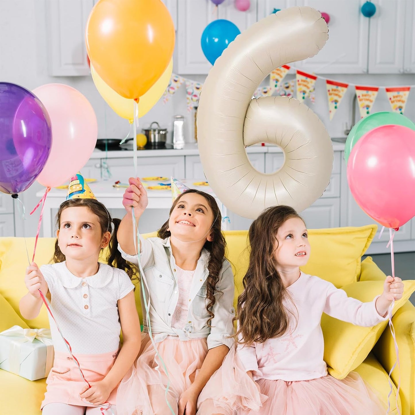 Cream Number Balloons 6, 40inch Large Beige Digital 6 Foil Helium Balloon for Girls Boys, Beige White Self Inflating Number Balloons 0-9 for Men Women Birthday Party Anniversary Decorations