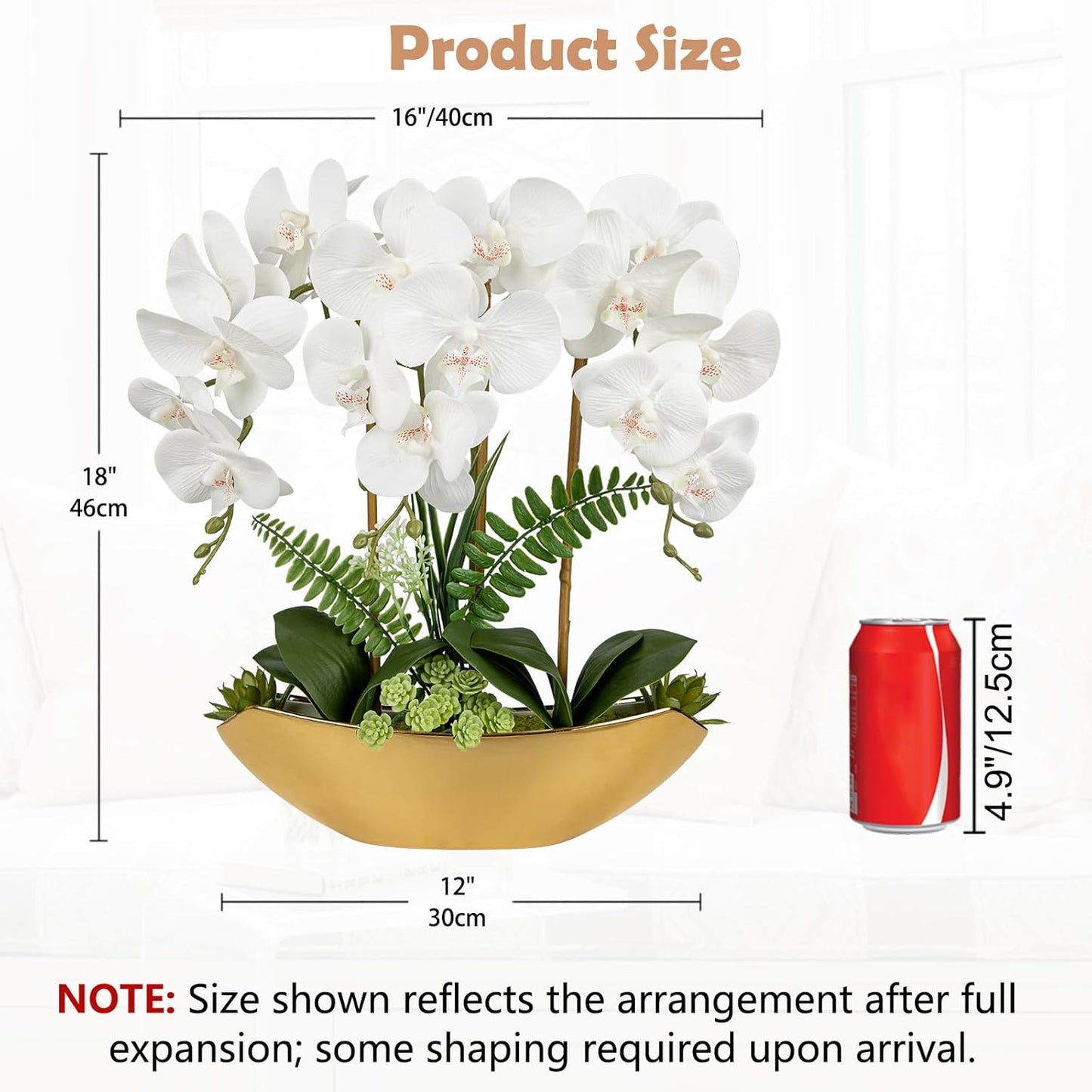 Briful Orchid Fake Flowers 18in White Artificial Orchid Silk Flowers in Gold Pot Faux Orchid Arrangement for Home Office Bathroom Dining Table Modern Decoration