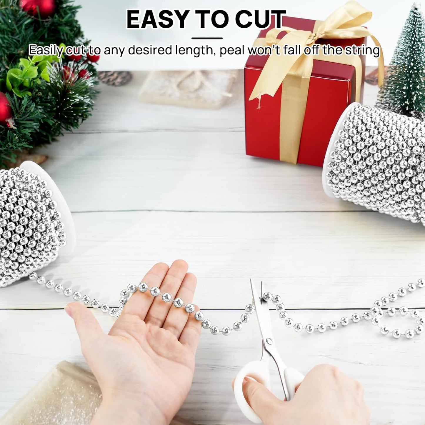 Craft String Pearls 8MM Pearl Bead, 33 Feet Silver Faux Pearl Garland Spool Roll Strand Wedding Party Decoration, Christmas Tree Decorations