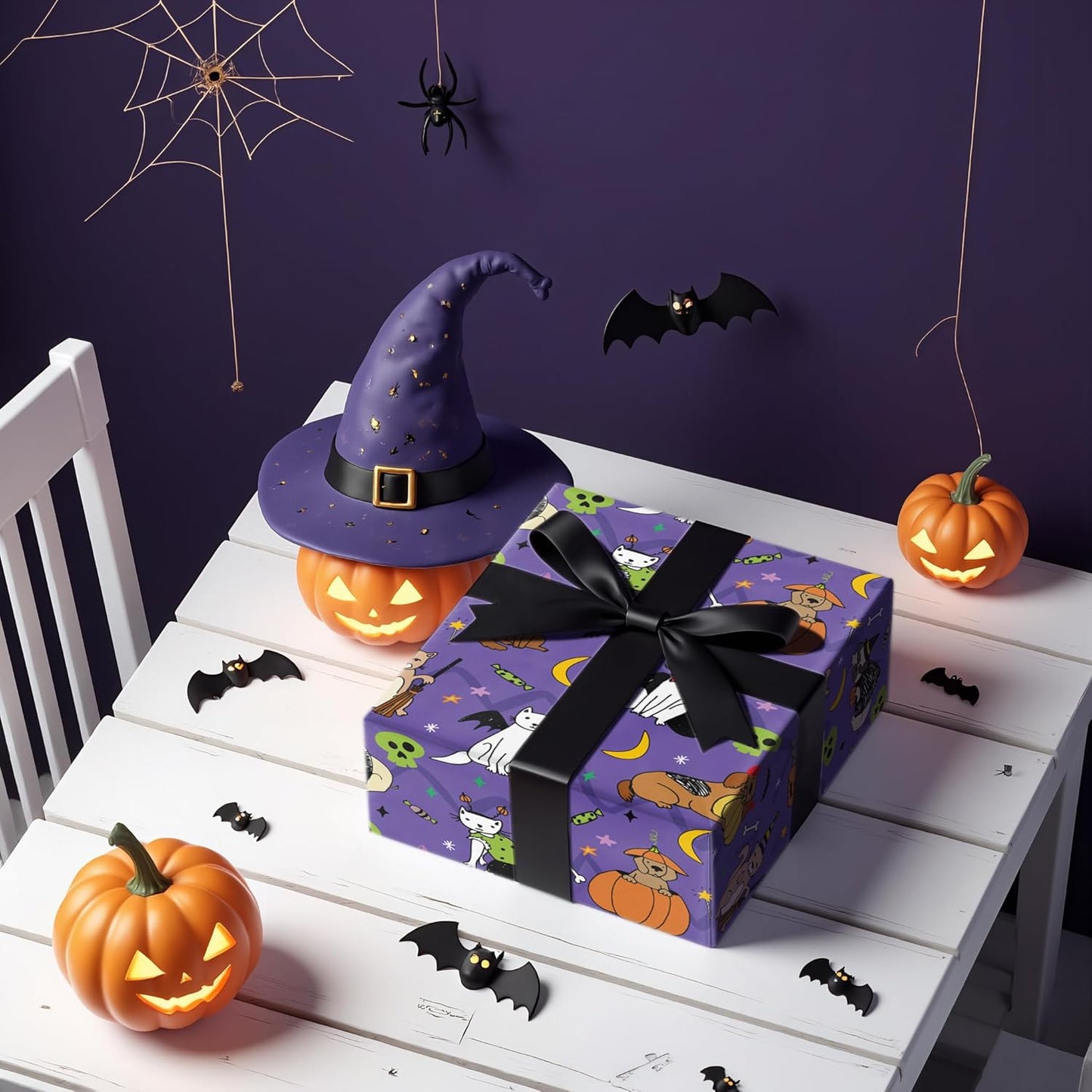 LeZakaa Halloween Purple Animal Wrapping Paper Roll, Cat Dog in Halloween Costumes, Pumpkins Bats Skulls Cheer, for Pet Lovers, Kids, Trick-or-Treat Party Decor, Mini Roll 17 in x 16.4 Ft