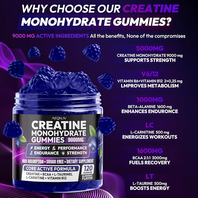 Creatine Gummies Monohydrate Complex for Men & Women, 9000MG Creatine Pre-Workout Supplement Enhance Muscle Strength Recovery Cognitive Health & Memory, 120 Gummies Sugar Free Vegan Non-GMO