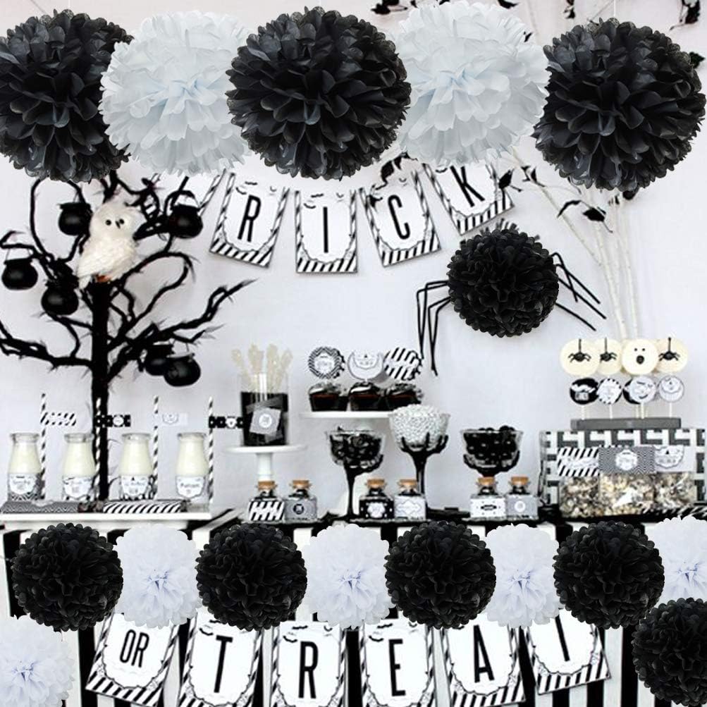 Black and White Paper Flower Tissue Pom Poms Party Supplies (black,white,12pc)