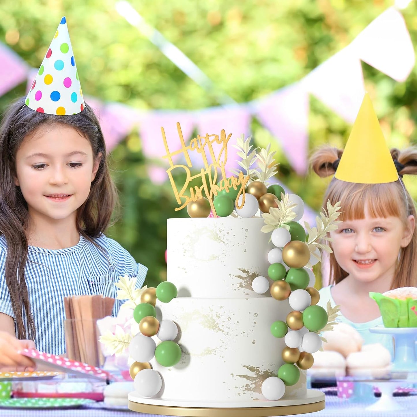 MIAHART Ball Cake Toppers Boho Grass Cake Topper Ball Cake Insert Decoration for Birthday Wedding Baby Shower Party Decorations Boho Themed Party Supplies (green，gold，white)