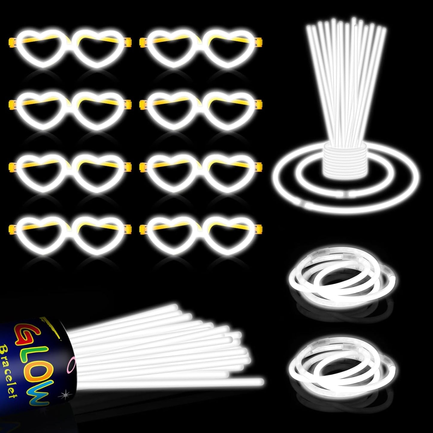60 Pack 8” White Glow Sticks Bulk Bright Glow Sticks with 60 Connectors 20 Heart Glasses Glow In The Dark Party Supplies Neon Party Decorations Glow Bracelet Glasses for Carnival(White)
