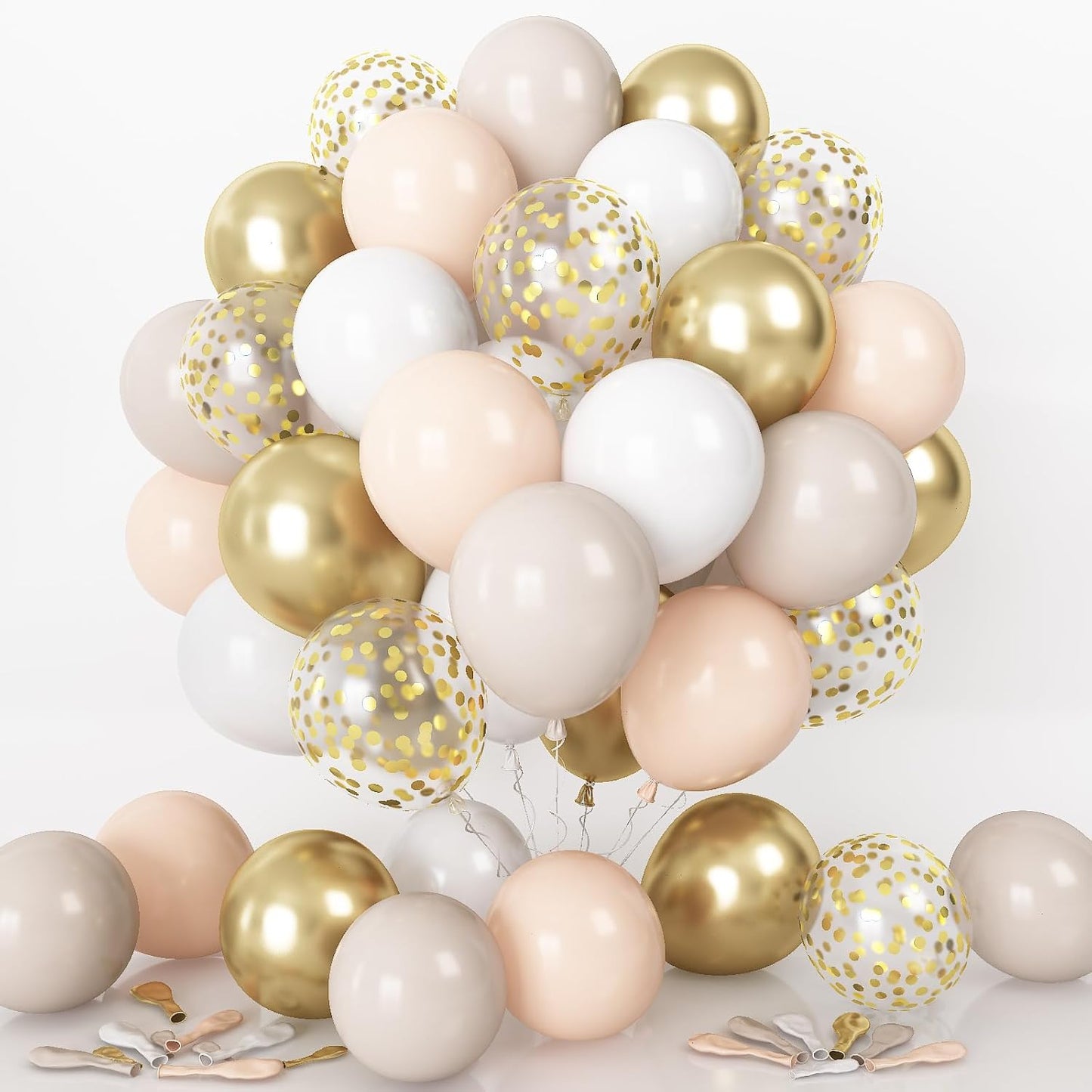 Beige White Gold Balloons, 60Pcs Beige White Sand Metallic Gold Confetti Balloons for Girls, Neutral Cream Ivory Double Stuffed Nude Gold Balloons for Women Birthday Boho Wedding Party Decorations