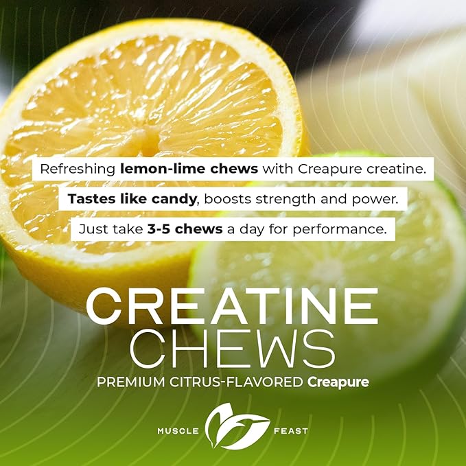 Muscle Feast Creatine Monohydrate Chewables - Vegan & Gluten-Free Creapure Creatine Chews for Men & Women - Delicious Citrus-Flavored Creatine Tablets for Muscle Building - Lemon Lime, 360 Tabs